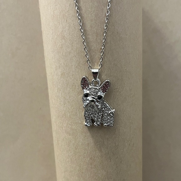 French Bulldog Silver Crystal Pendant Necklace - Pink Ear Accents display case - Picture 2 of 10